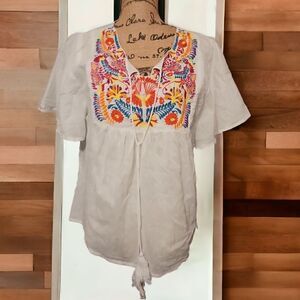 South Main White Embroidered Tassel Blouse Size M